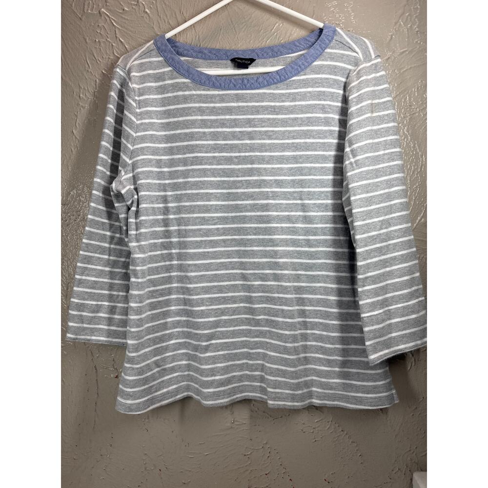 Nautica Women's Grey White Striped Long Sleeve Pullover Top‎ Blouse Size XL